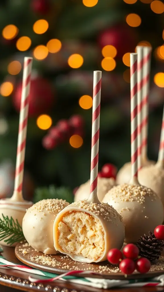 Eggnog cake pops with nutmeg dusting, displayed with festive decorations