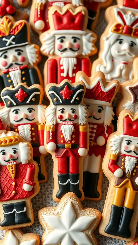 Decorated nutcracker-themed sugar cookies in various designs and colors.