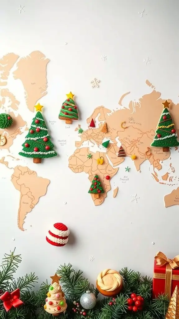 A creative display of Christmas tree cakes on a world map, showcasing their global appeal.