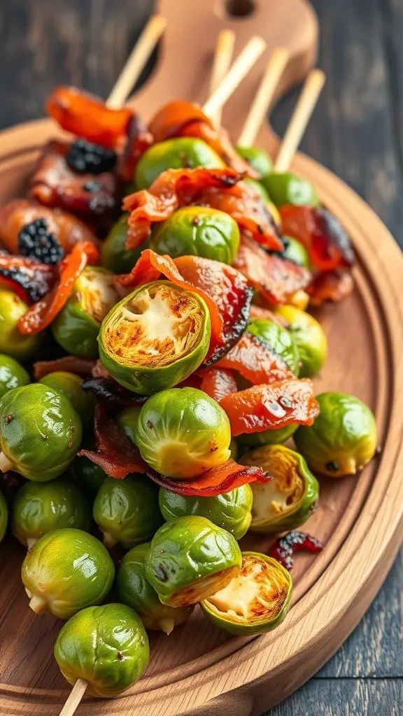 A platter of Brussels sprouts and bacon skewers, showcasing green Brussels sprouts wrapped in crispy bacon.