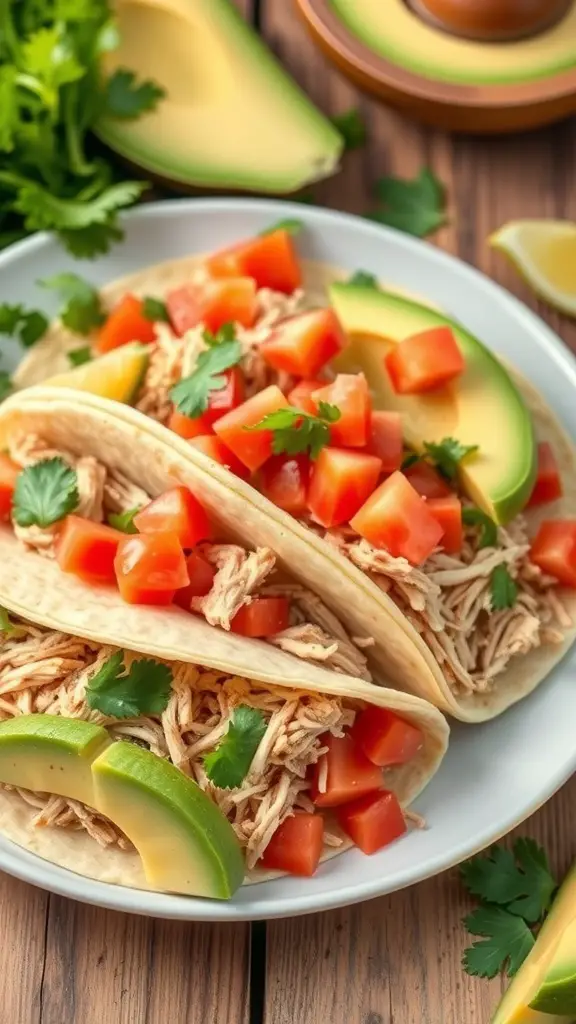 Plate of shredded turkey tacos topped with tomatoes and avocado