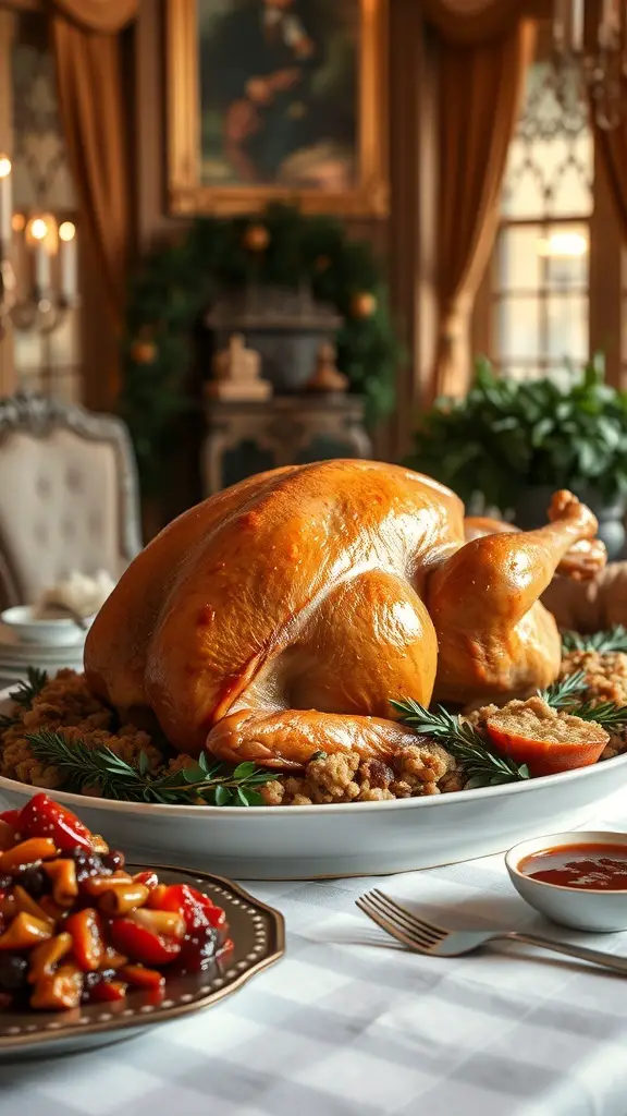 A beautifully roasted turkey on a festive dining table, surrounded by garnishes and side dishes.