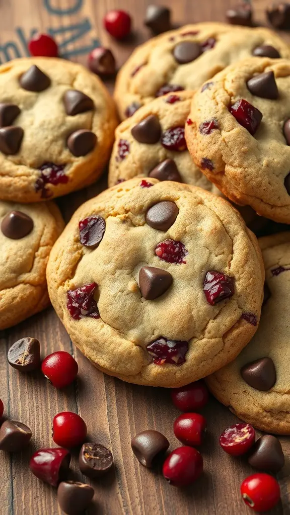 A close-up of chocolate chip cranberry cookies on a wooden surface with scattered cranberries and chocolate chips.