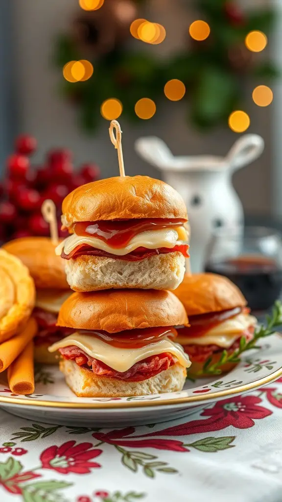 A plate of honey glazed ham sliders stacked with ham and cheese, decorated with holiday lights in the background.