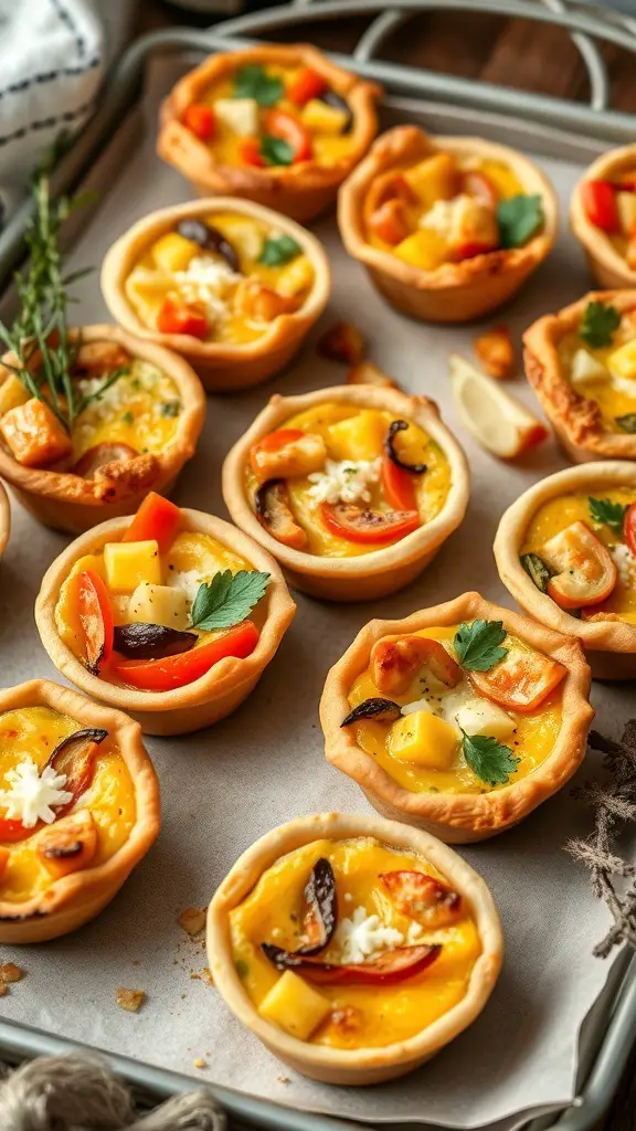 A tray of mini quiches filled with seasonal vegetables, showcasing a variety of colors and textures.