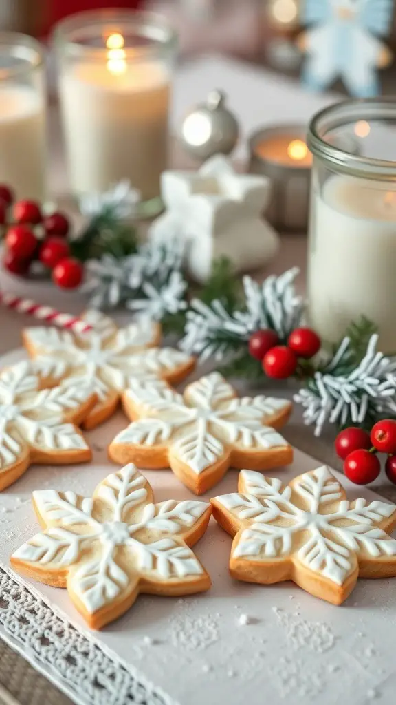 Decorated snowflake sugar cookies on a festive table with candles and holiday decorations.