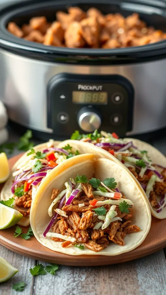 A plate of spicy pulled pork tacos with fresh slaw and lime wedges, with a crockpot in the background.
