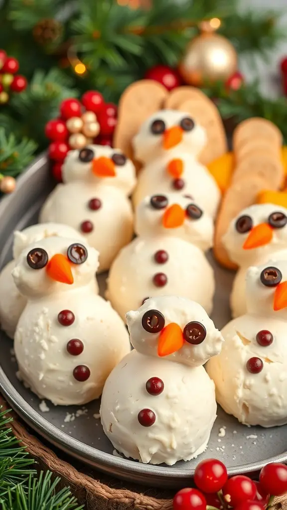 A platter of snowman cheese balls decorated with carrots, chocolate chips, and pretzel sticks.