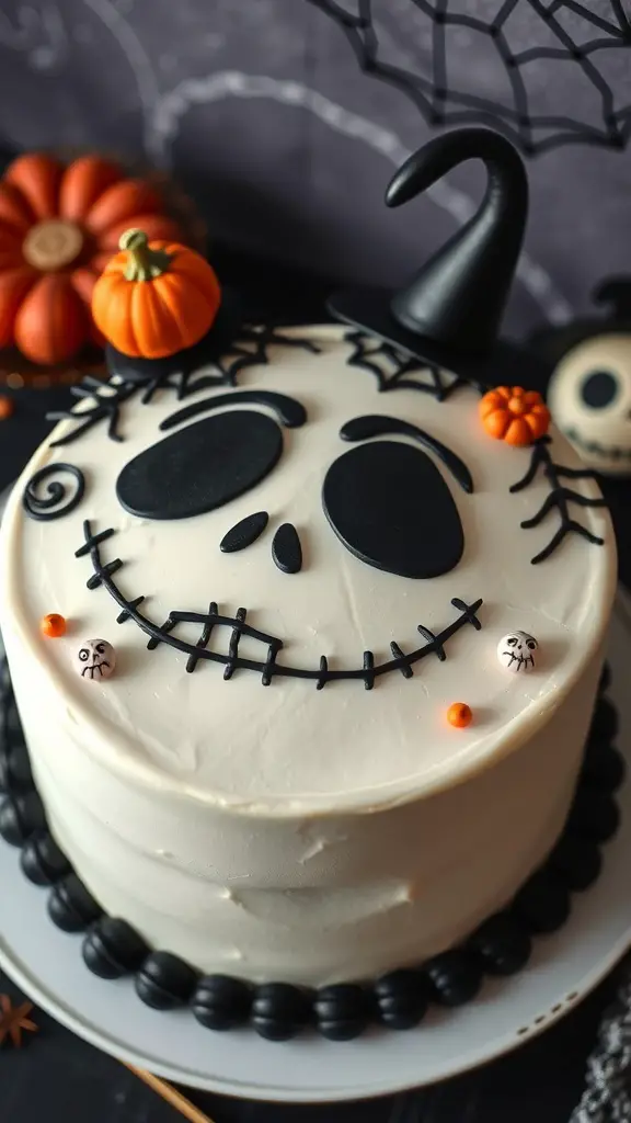 A cake designed to look like Jack Skellington from The Nightmare Before Christmas, featuring a white frosting base, black accents, and festive decorations.