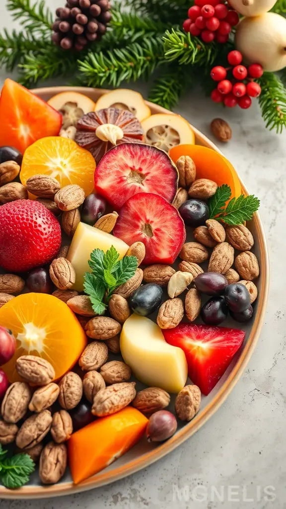 A colorful holiday platter featuring fruits, nuts, and cheese, decorated with festive greenery.