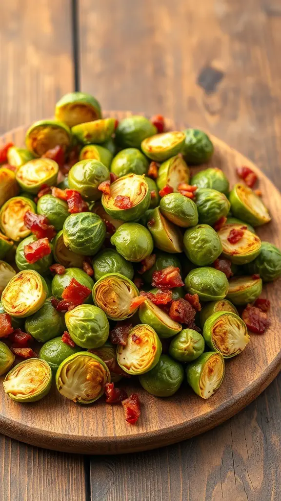 A wooden platter filled with roasted Brussels sprouts and crispy bacon pieces.
