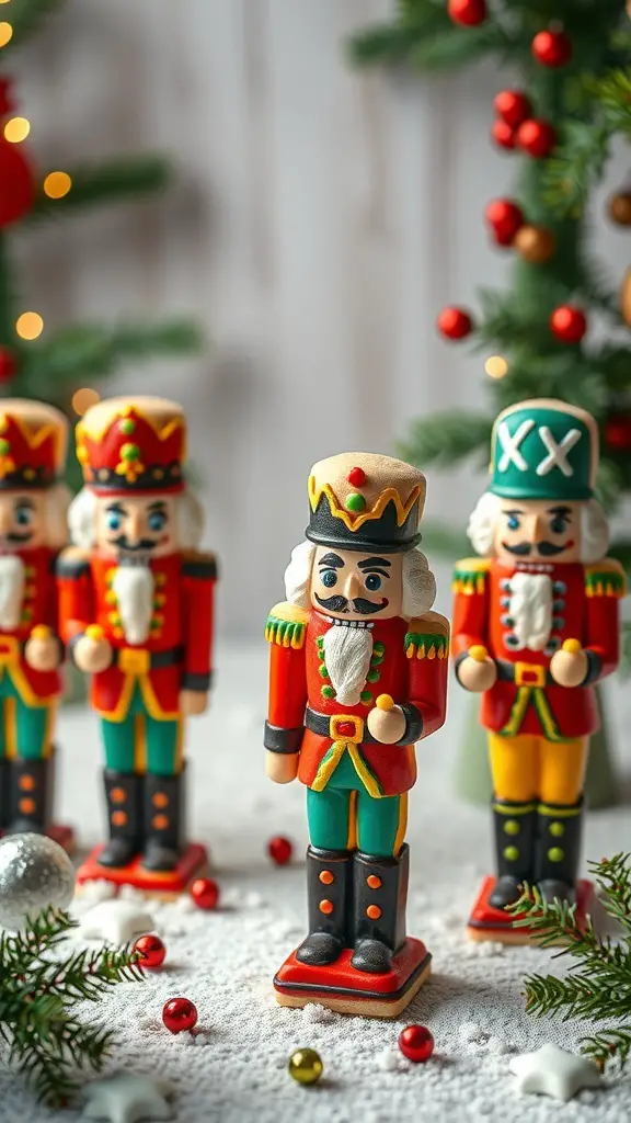Decorated nutcracker themed cookies in festive colors