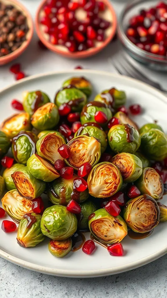 A plate of roasted Brussels sprouts drizzled with balsamic glaze and topped with pomegranate seeds.