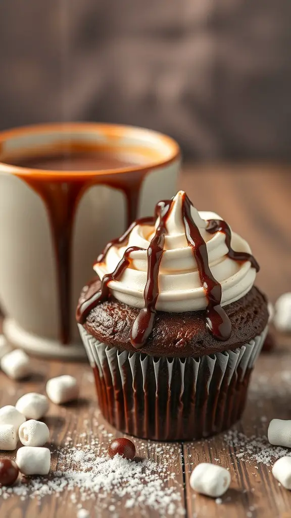 A hot chocolate cupcake with marshmallow frosting and chocolate drizzle next to a cup of hot chocolate.