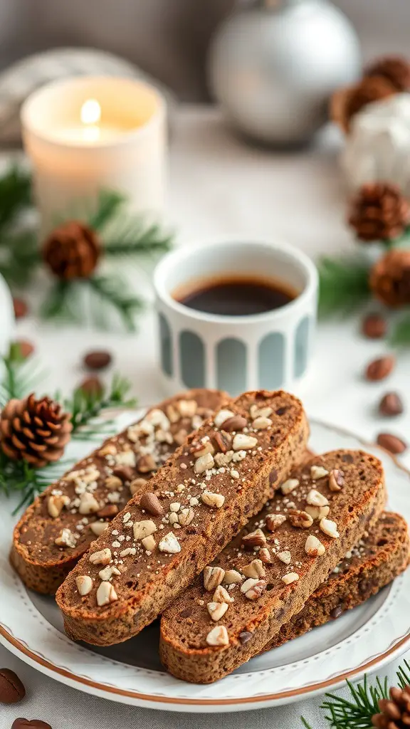 Plate of chocolate hazelnut biscotti with a cup of coffee and festive decorations