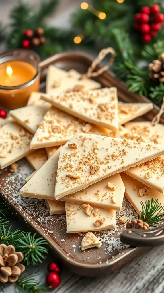A tray of Eggnog White Chocolate Bark with crushed nuts and holiday decorations.