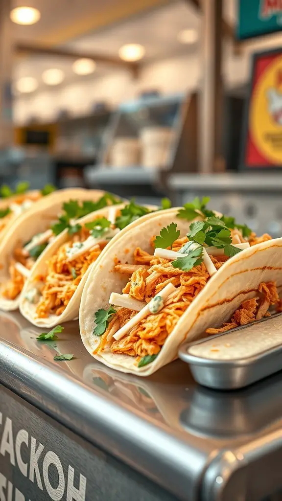 Three Spicy Buffalo Chicken Tacos with cilantro on top