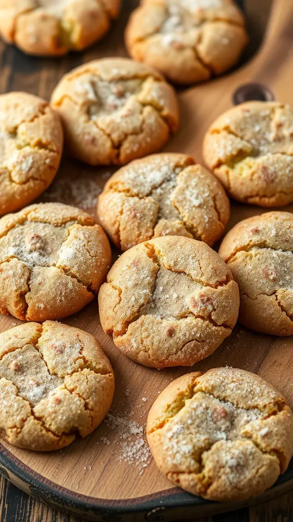 A close-up of freshly baked snickerdoodle cookies with a cinnamon sugar coating.