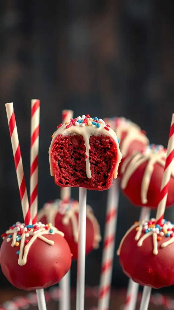Red velvet cake pops with white chocolate drizzle and colorful sprinkles