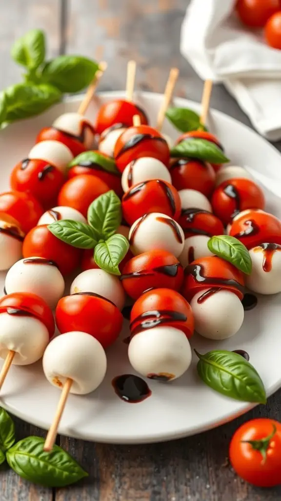 Mini Caprese skewers with cherry tomatoes, mozzarella balls, and basil drizzled with balsamic glaze on a plate.