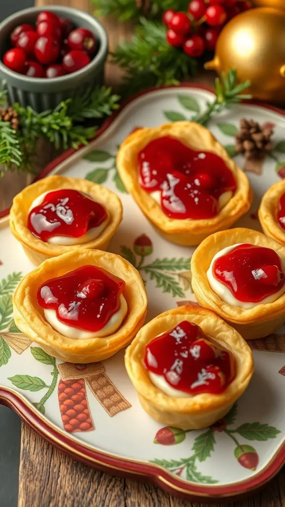 A platter of cranberry brie bites topped with cranberry sauce, surrounded by fresh cranberries and greenery.