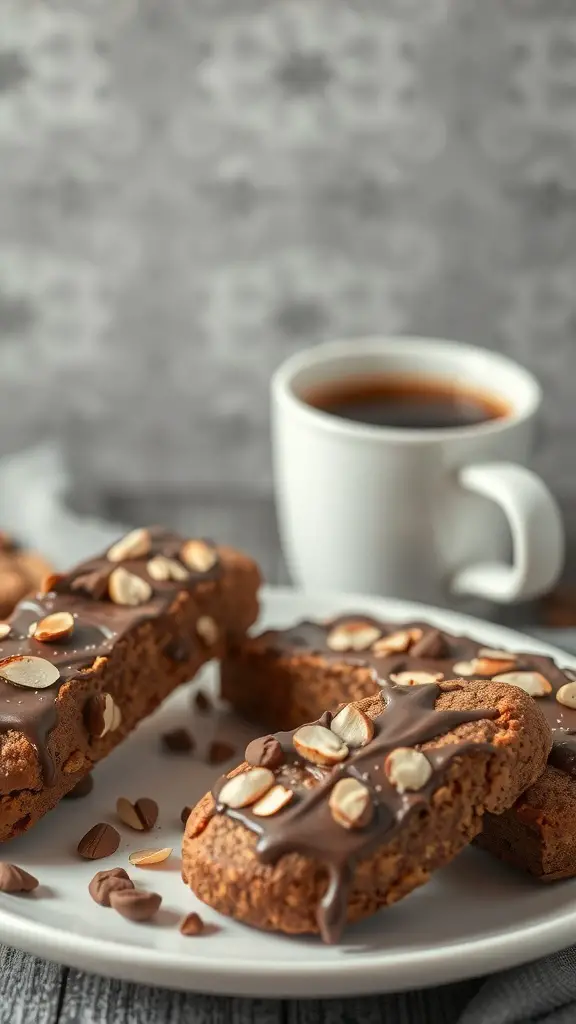 A plate of chocolate almond biscotti with a cup of coffee in the background.