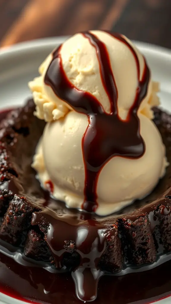 A dark chocolate lava cake topped with vanilla ice cream and chocolate sauce.