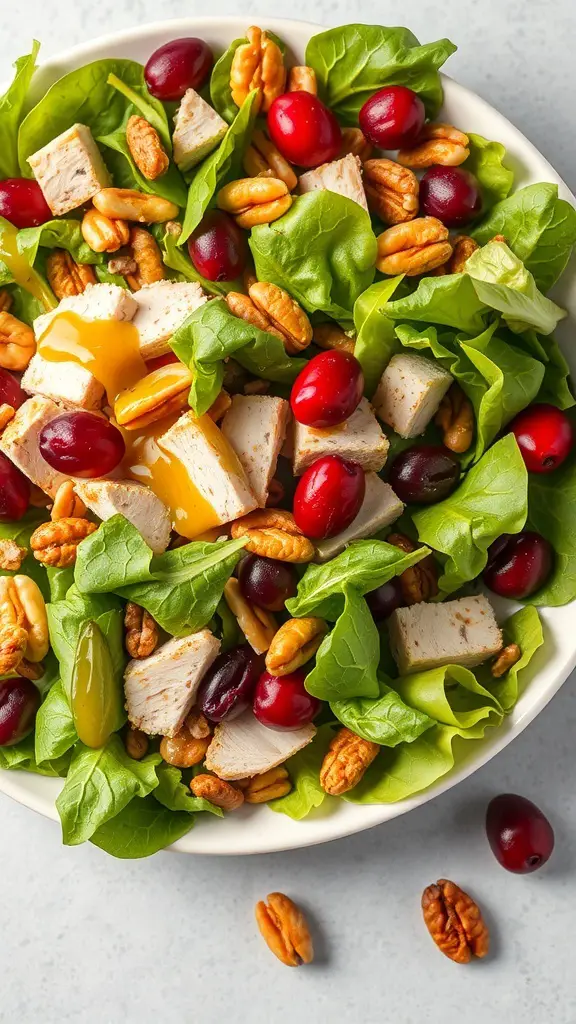 A bowl of turkey salad with greens, cranberries, and nuts.