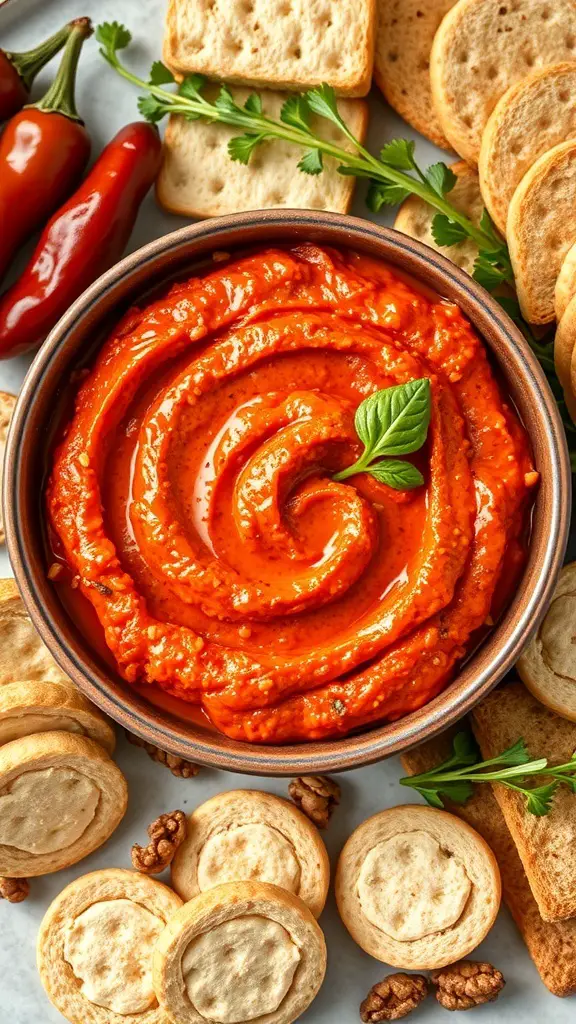 A bowl of roasted red pepper and walnut dip surrounded by crackers and fresh herbs.
