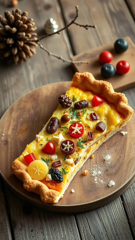 A slice of Quiche Lorraine with colorful toppings on a wooden plate