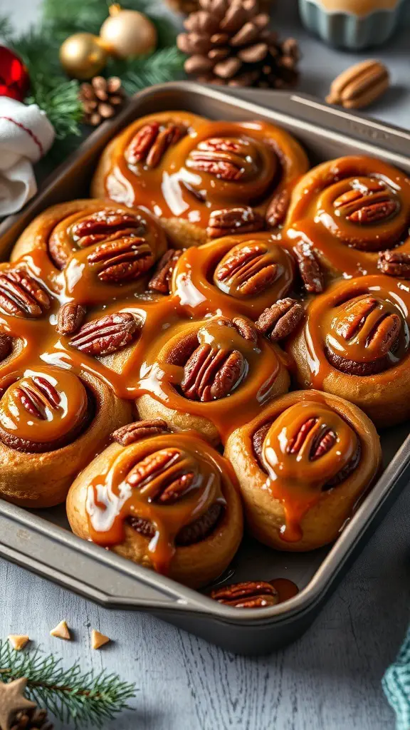 A tray of caramel pecan sticky buns topped with caramel sauce and pecans, surrounded by festive decorations.