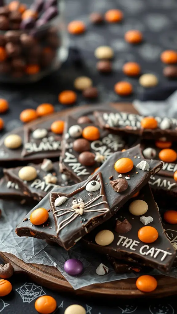A festive Halloween chocolate bark with colorful candies and a black cat theme.