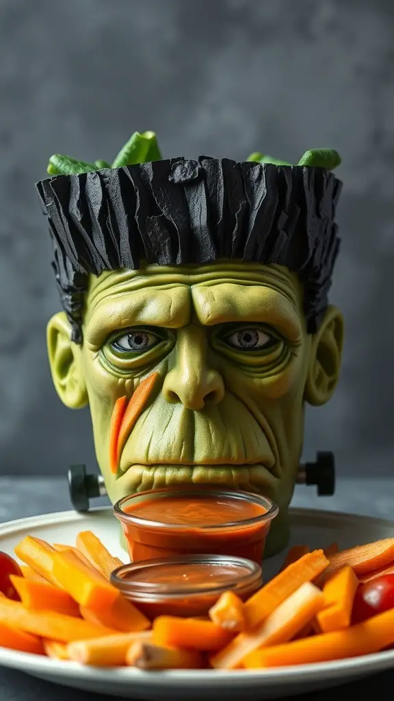 A creative Frankenstein veggie platter with a bowl shaped like Frankenstein's head, surrounded by colorful vegetables.
