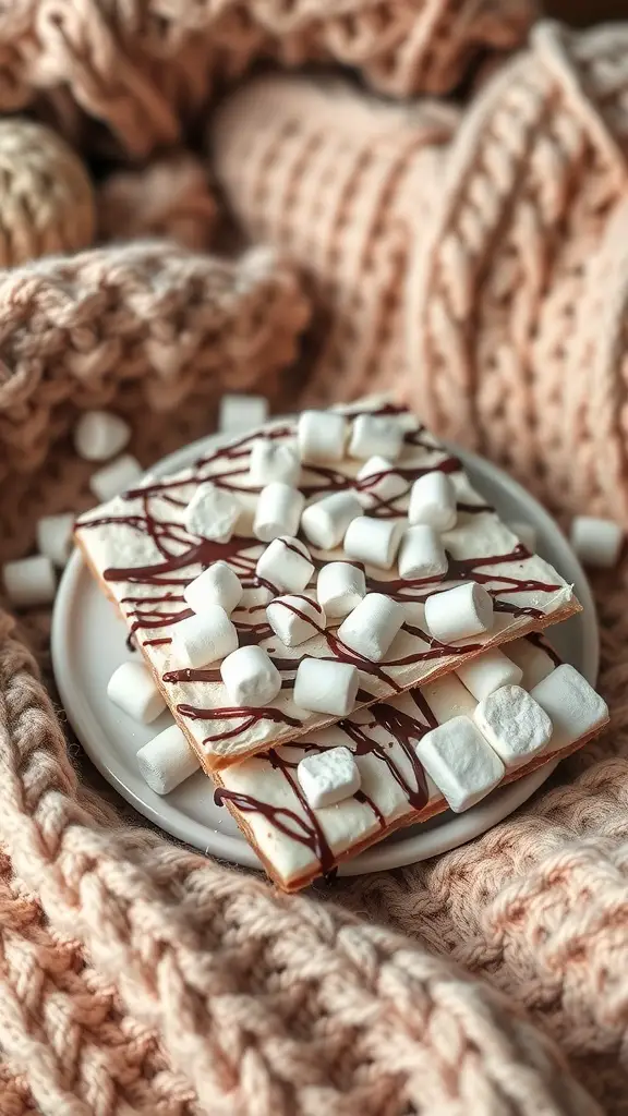 A plate of Marshmallow Hot Cocoa Bark with marshmallows and chocolate drizzle on a cozy knitted blanket.