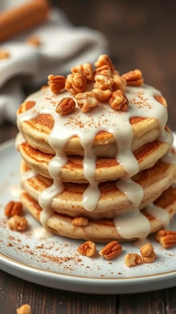 Stack of fluffy cinnamon roll pancakes topped with icing and pecans