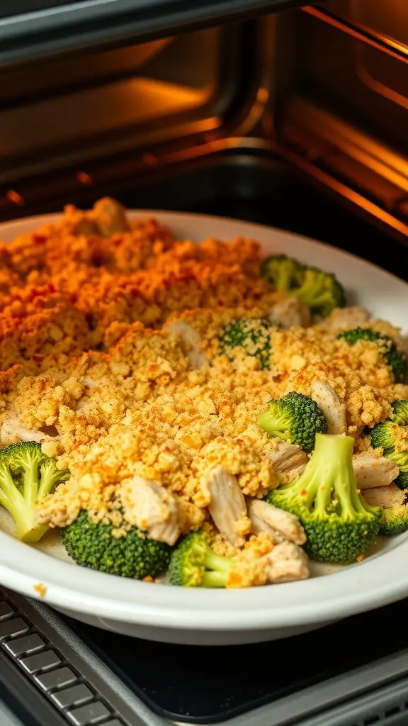 A delicious turkey and broccoli casserole in a baking dish, topped with a golden breadcrumb layer.