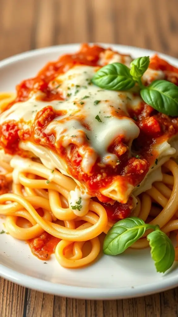 A plate of baked ziti topped with tomato sauce and melted cheese, garnished with fresh basil.