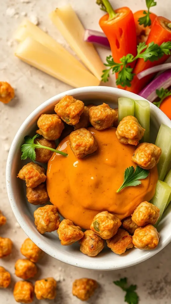 Bowl of crispy chickpea bites with dipping sauce and fresh vegetables