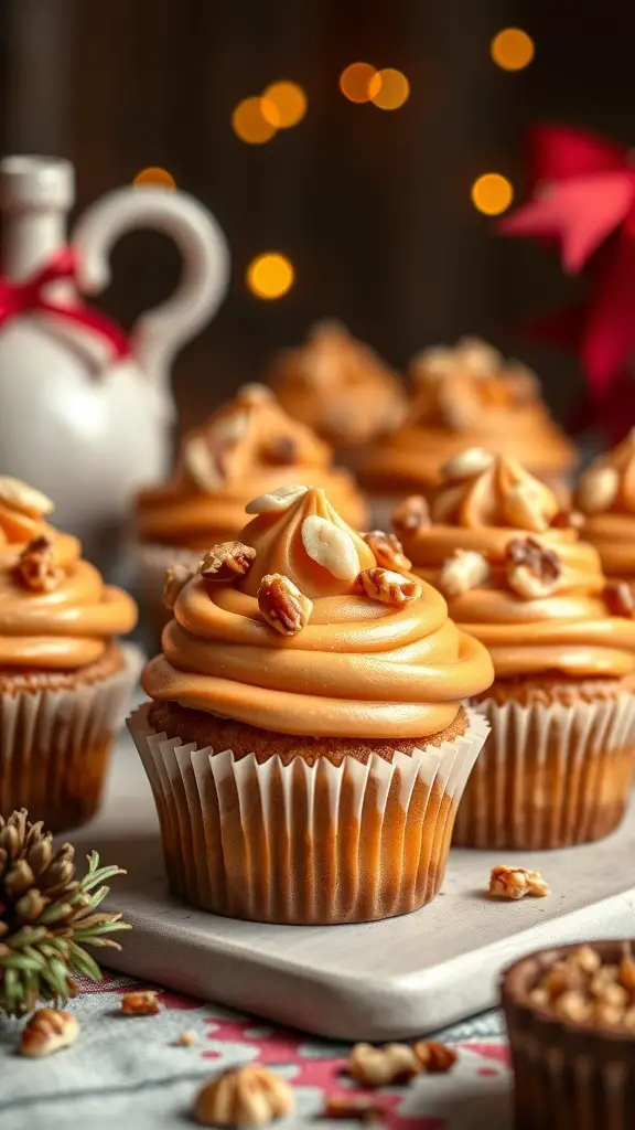 Cupcakes with caramel frosting and nuts on top, set against a festive background.