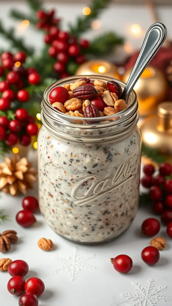 A jar of holiday spiced overnight oats topped with nuts and berries, surrounded by festive decorations.