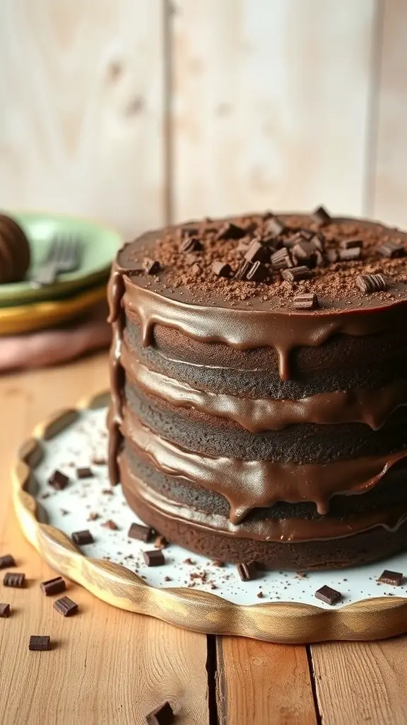A three-layer dark chocolate cake with chocolate ganache and shavings on top.