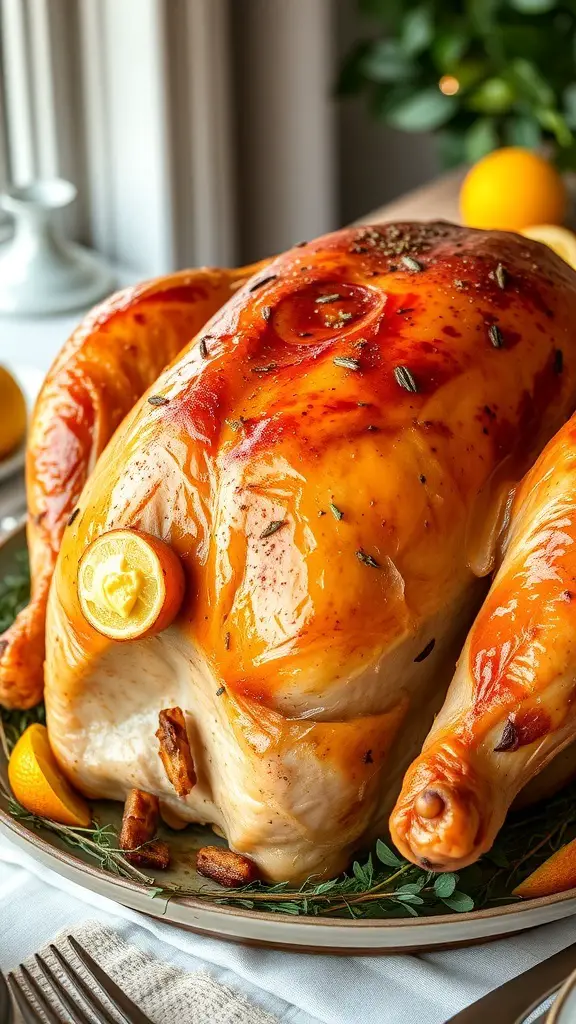 A beautifully roasted citrus-brined turkey garnished with herbs and citrus slices.