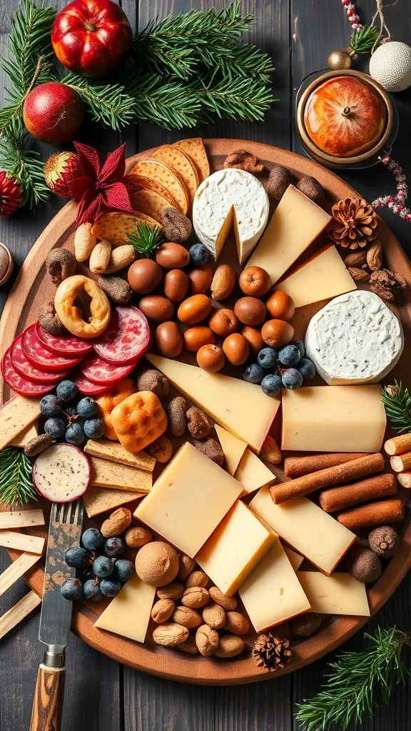 A festive cheese and charcuterie board with various cheeses, meats, nuts, and fruits arranged on a wooden platter.
