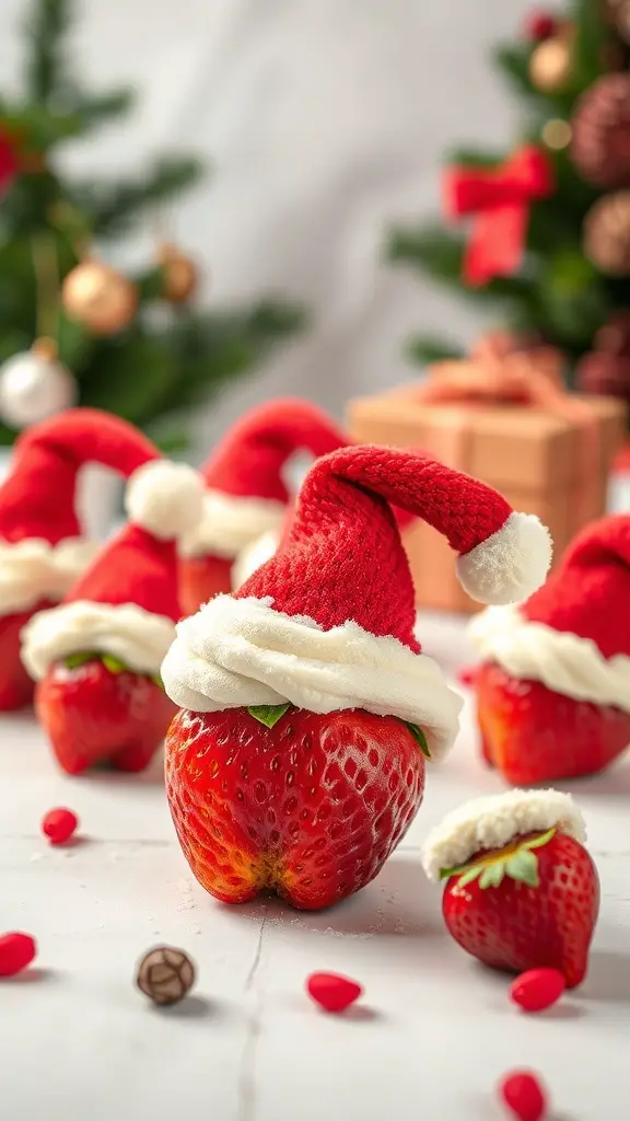 Strawberries decorated as Santa hats with whipped cream and mini marshmallows