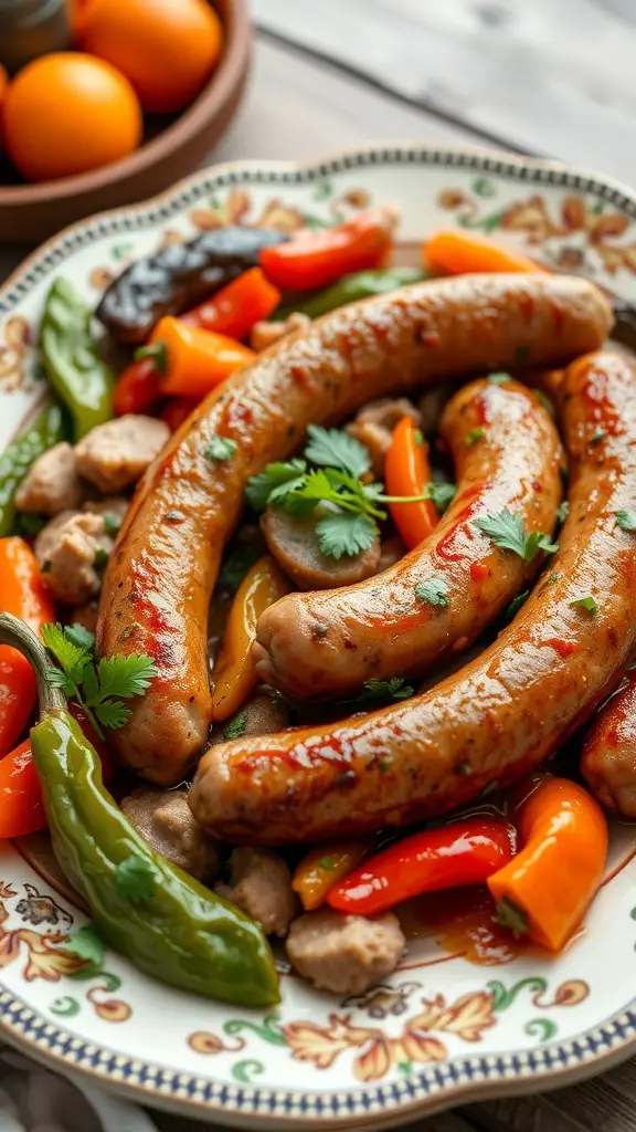 A plate of Italian sausage and peppers with colorful bell peppers and herbs.