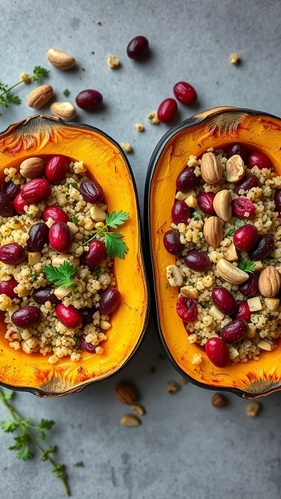 Stuffed acorn squash filled with grains, beans, and nuts on a gray background.