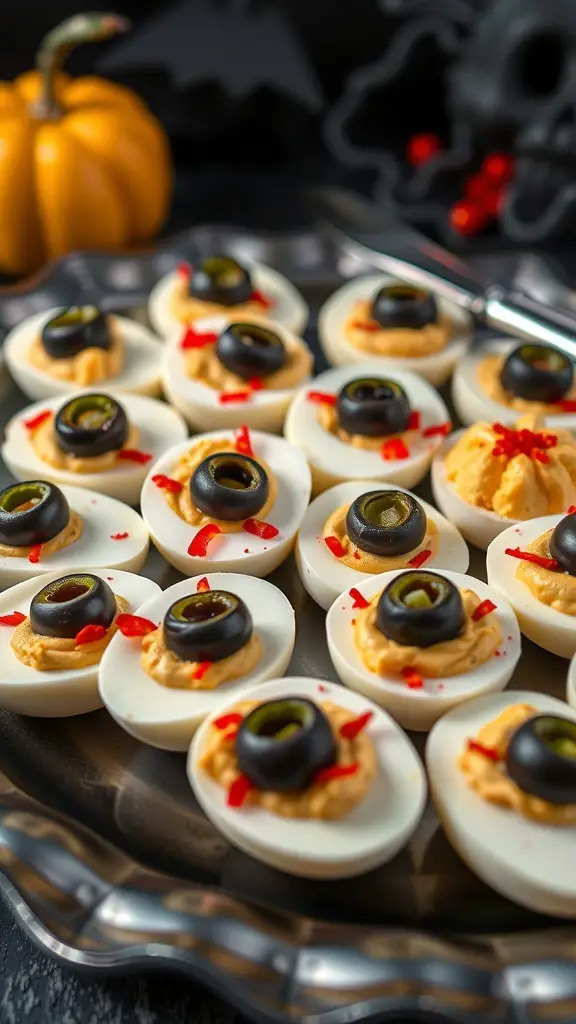 A platter of deviled egg eyeballs decorated with black olives and red pepper.