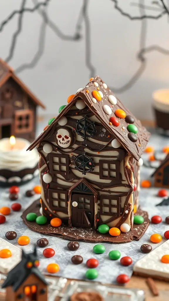 A spooky haunted house made of chocolate-covered crackers, decorated with colorful candies for Halloween.
