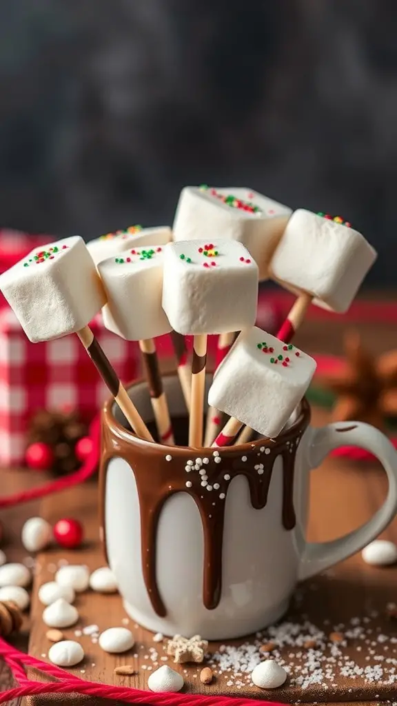 Hot Chocolate Marshmallow Pops in a mug with chocolate dripping down