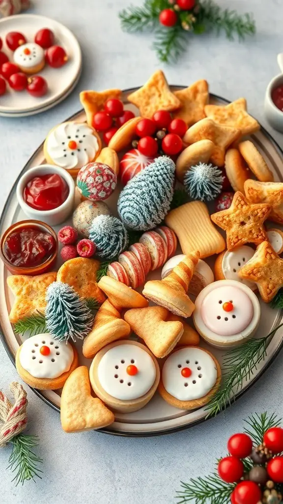 A festive platter filled with Christmas cookies and treats, including snowman cookies, star-shaped cookies, and colorful candies.